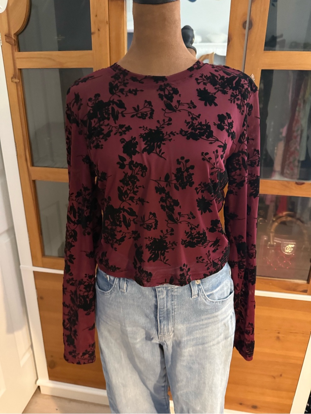 Womens Burgundy with Velvet Floral Long-Sleeve Top
